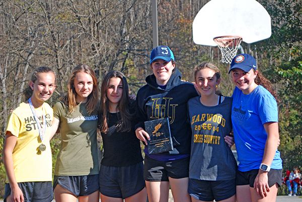 Harwood girls cross country team placed second overall at the NVAC championships. L-R: Julianne Young, Hadley Kielich, Kaia Levey, Isabel Jamieson, Erin Magill, and Jordi Kulis. Photo: Laura Caffry